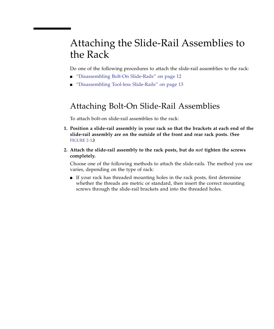 Attaching the slide-rail assemblies to the rack, Attaching bolt-on slide-rail assemblies | Sun Microsystems Sun Fire X4150 Server User Manual | Page 25 / 80