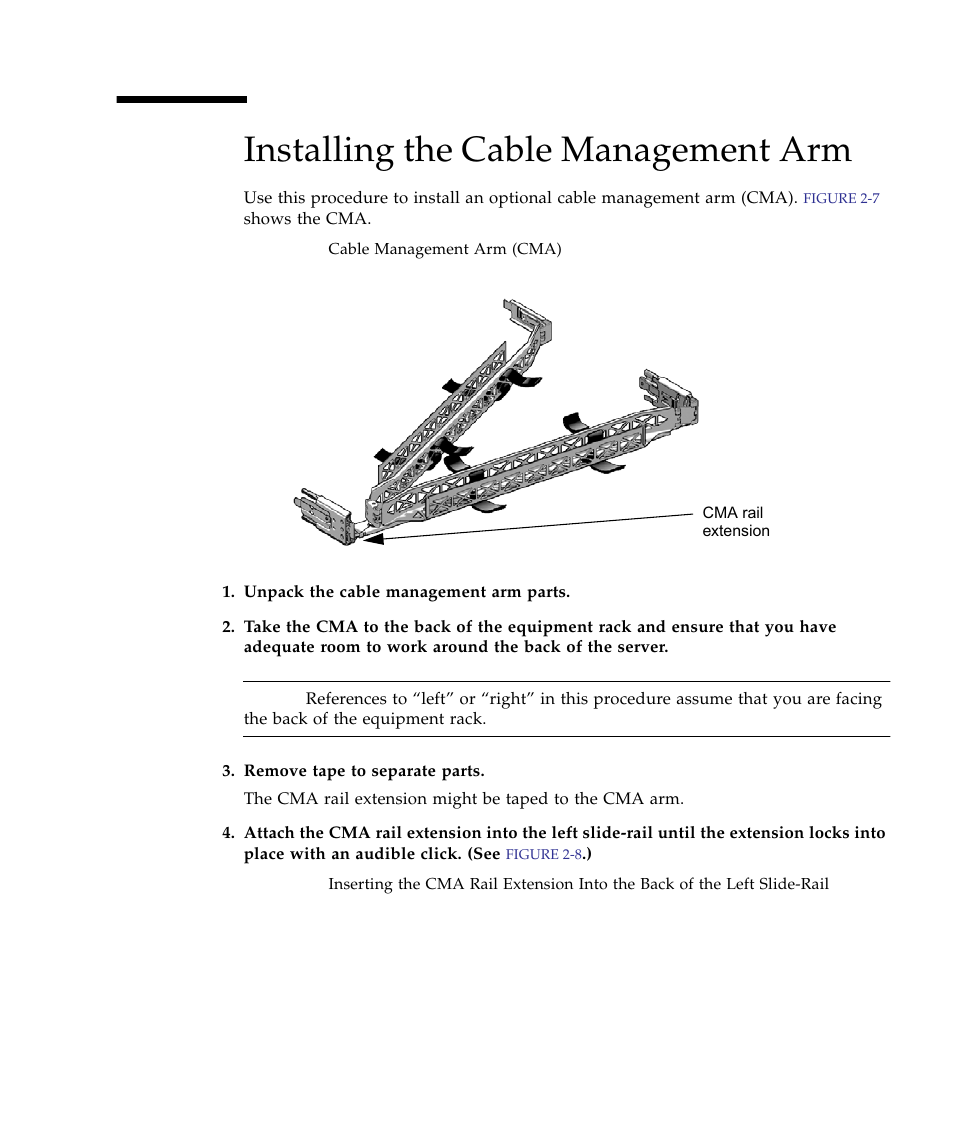 Installing the cable management arm | Sun Microsystems Sun Fire X4150 Server User Manual | Page 31 / 80