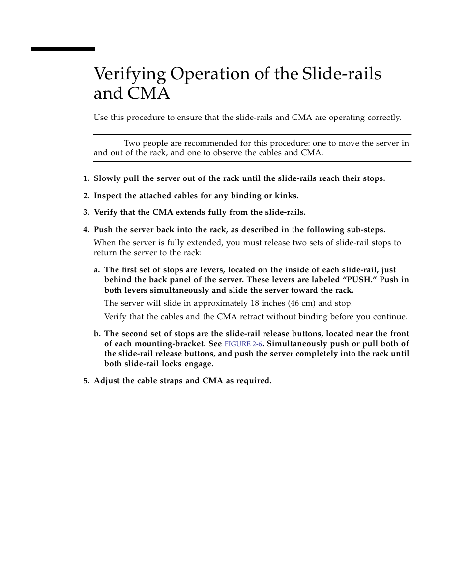 Verifying operation of the slide-rails and cma | Sun Microsystems Sun Fire X4150 Server User Manual | Page 38 / 80