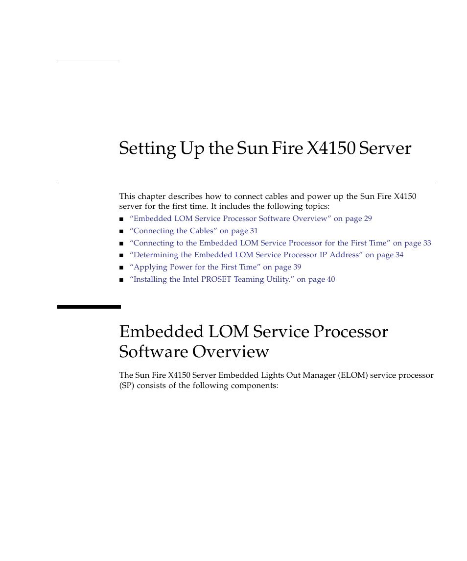 Setting up the sun fire x4150 server, Embedded lom service processor software overview, Chapter 3 | Setting up the sun fire x4150 server” on | Sun Microsystems Sun Fire X4150 Server User Manual | Page 39 / 80