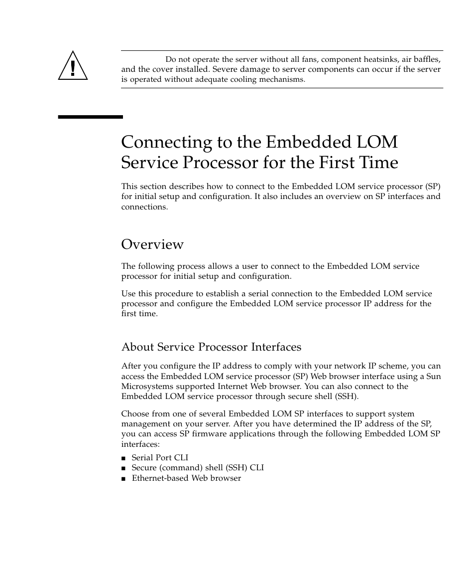 Overview, About service processor interfaces | Sun Microsystems Sun Fire X4150 Server User Manual | Page 43 / 80