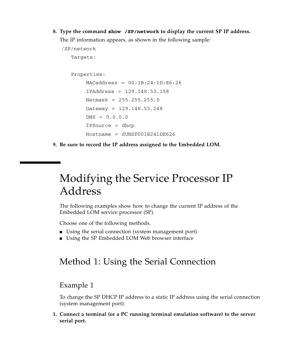 Modifying the service processor ip address, Method 1: using the serial connection, Example 1 | Sun Microsystems Sun Fire X4150 Server User Manual | Page 46 / 80