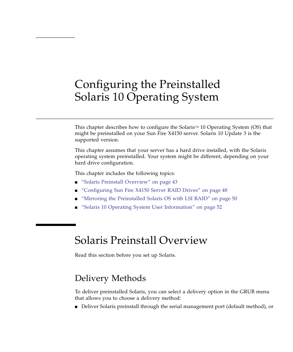 Solaris preinstall overview, Delivery methods, Chapter 4 | Sun Microsystems Sun Fire X4150 Server User Manual | Page 53 / 80