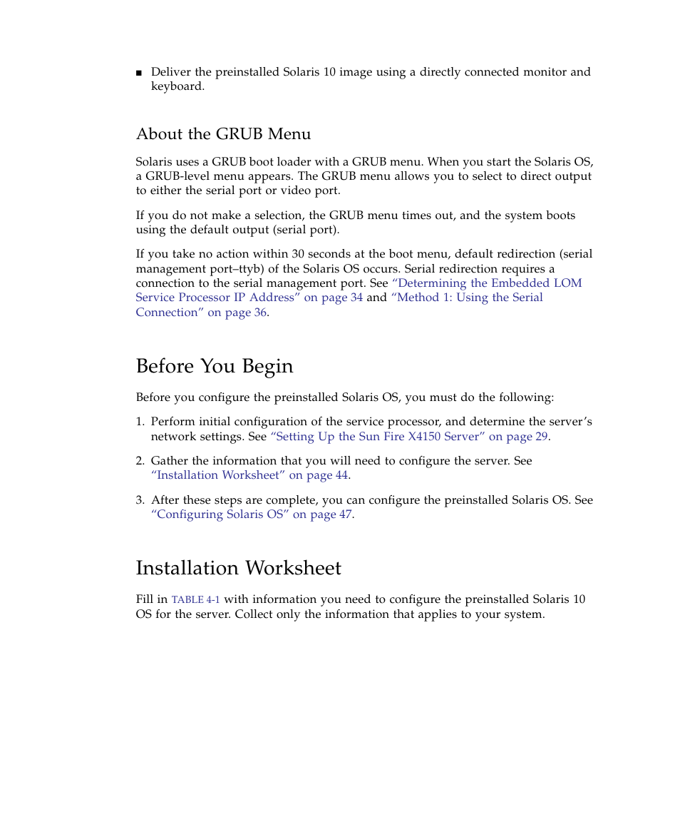 About the grub menu, Before you begin, Installation worksheet | Sun Microsystems Sun Fire X4150 Server User Manual | Page 54 / 80