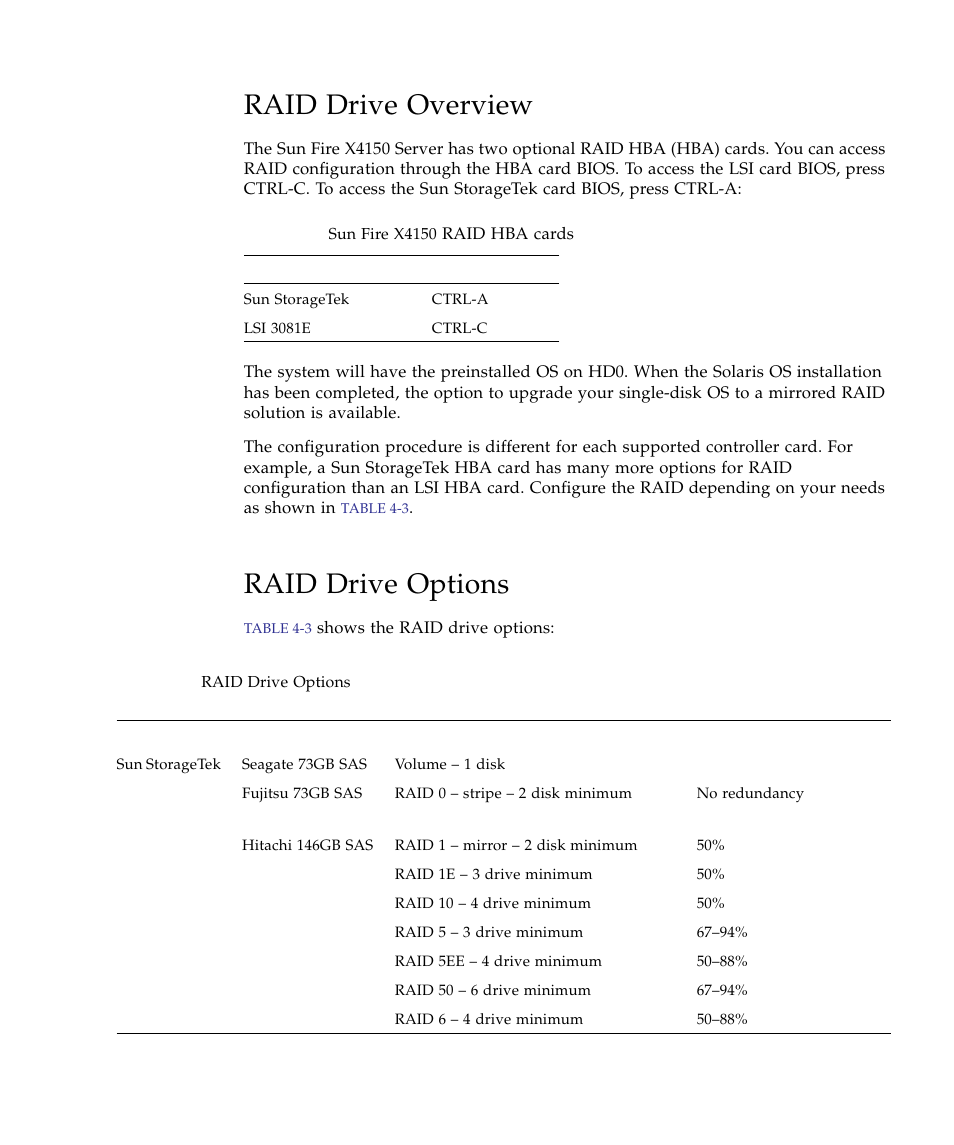 Raid drive overview, Raid drive options | Sun Microsystems Sun Fire X4150 Server User Manual | Page 59 / 80