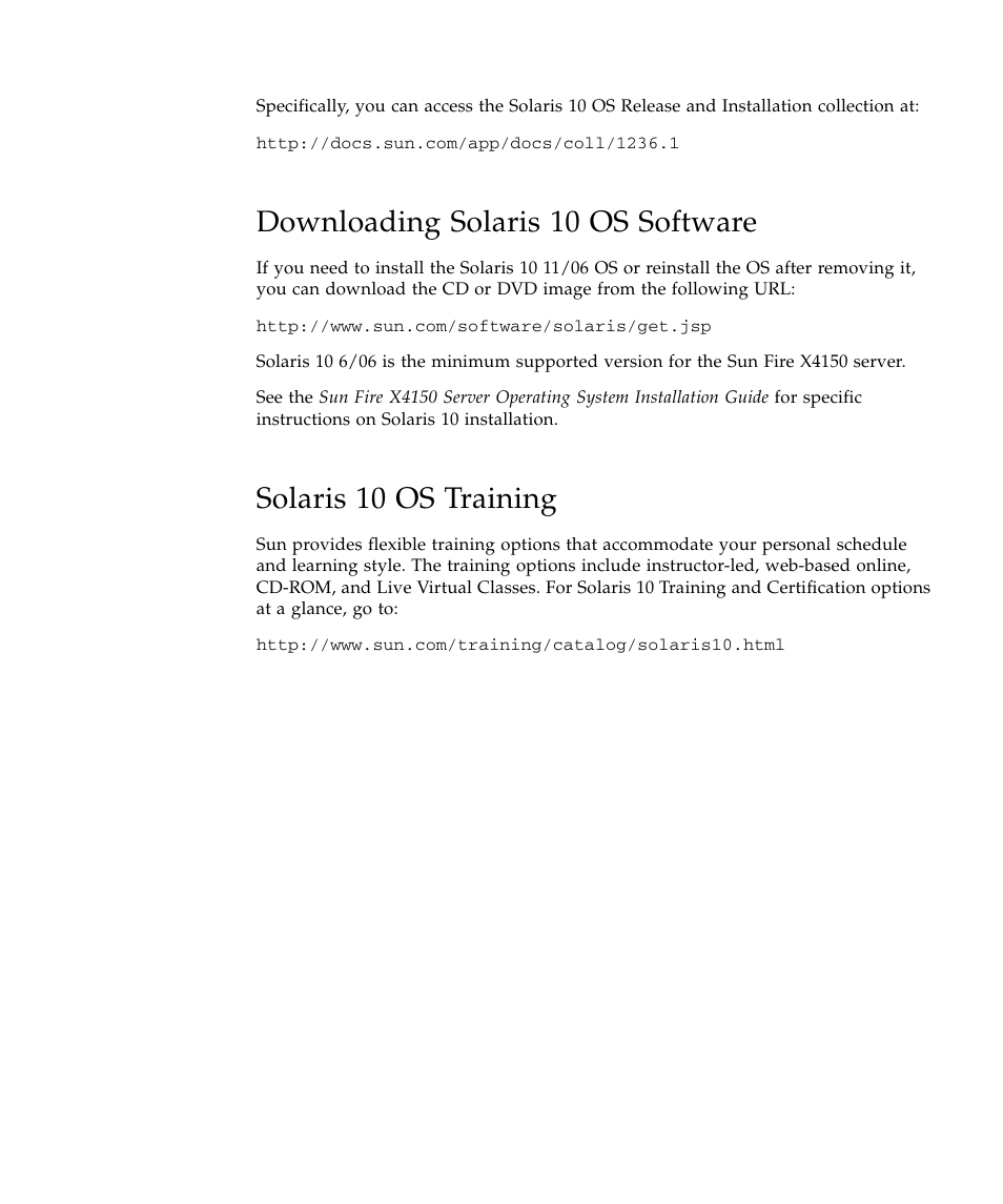 Downloading solaris 10 os software, Solaris 10 os training | Sun Microsystems Sun Fire X4150 Server User Manual | Page 63 / 80