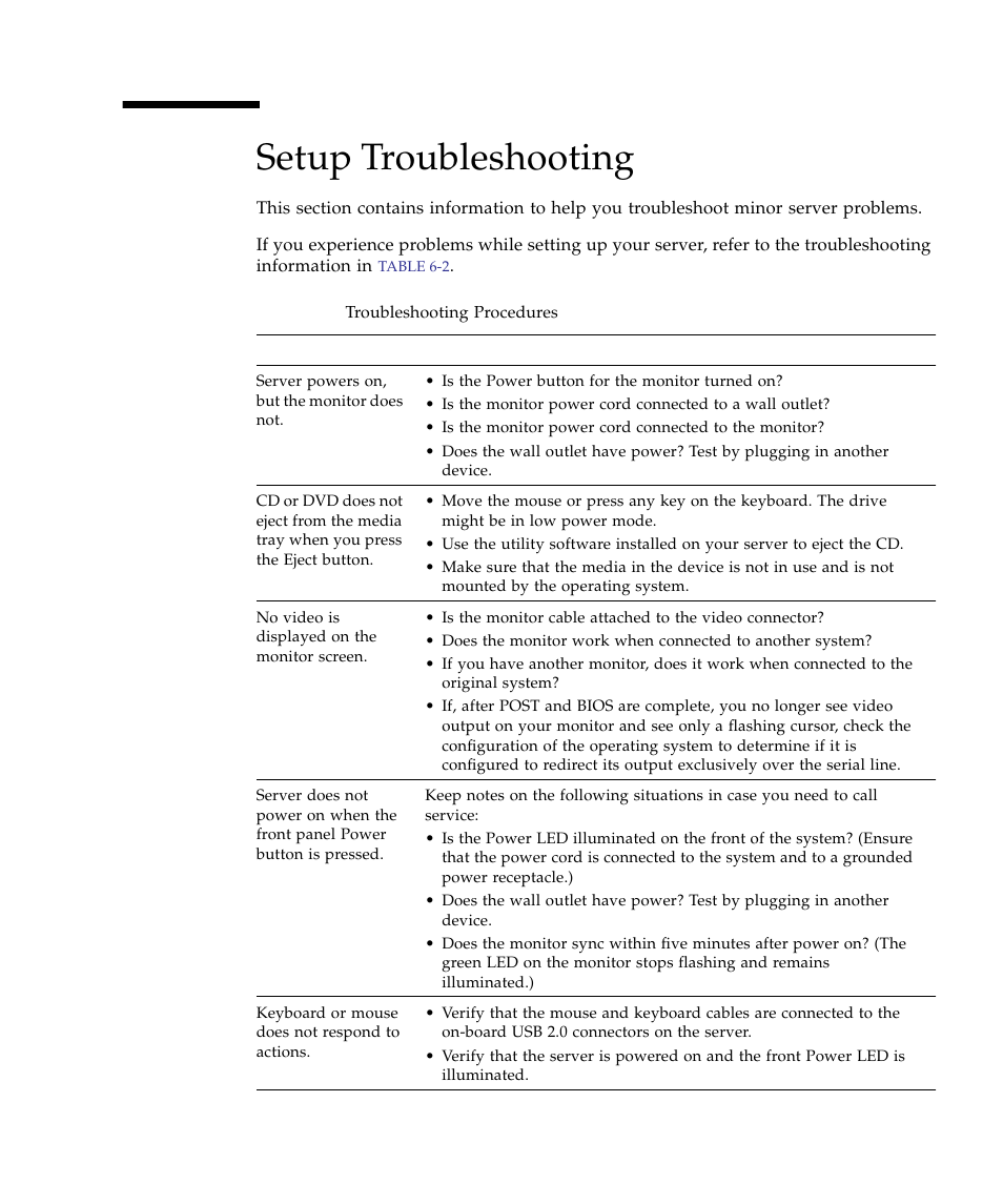 Setup troubleshooting | Sun Microsystems Sun Fire X4150 Server User Manual | Page 75 / 80