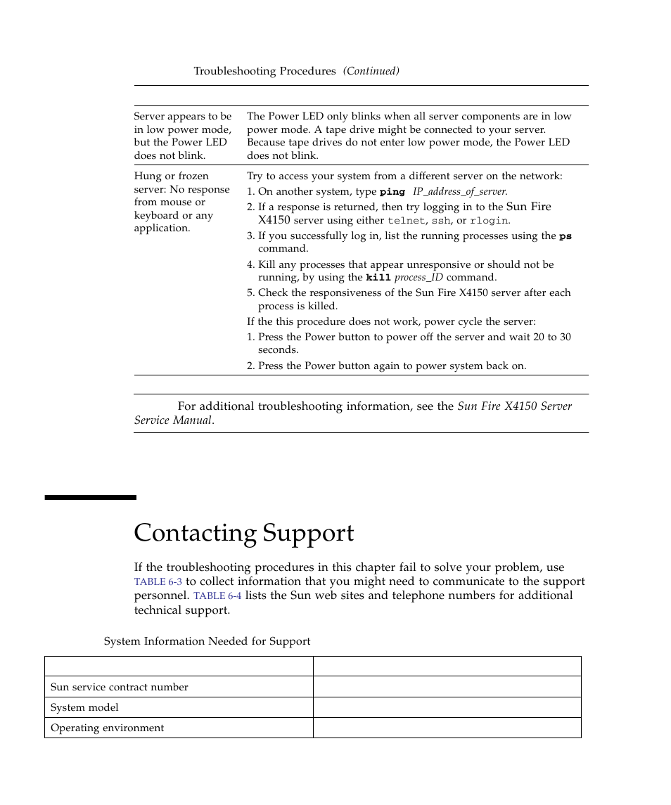 Contacting support | Sun Microsystems Sun Fire X4150 Server User Manual | Page 76 / 80