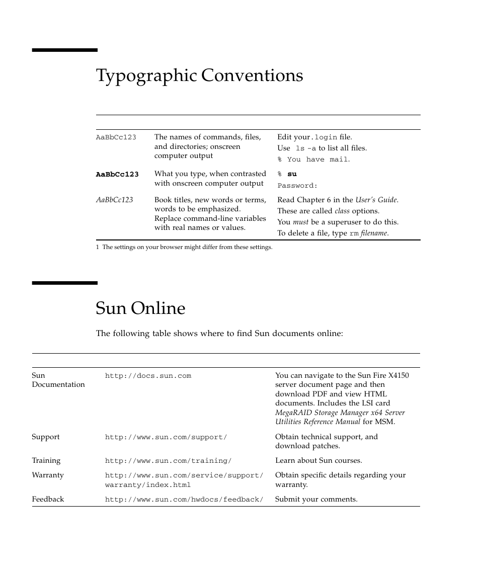 Typographic conventions, Sun online, Typographic conventions sun online | Sun Microsystems Sun Fire X4150 Server User Manual | Page 8 / 80