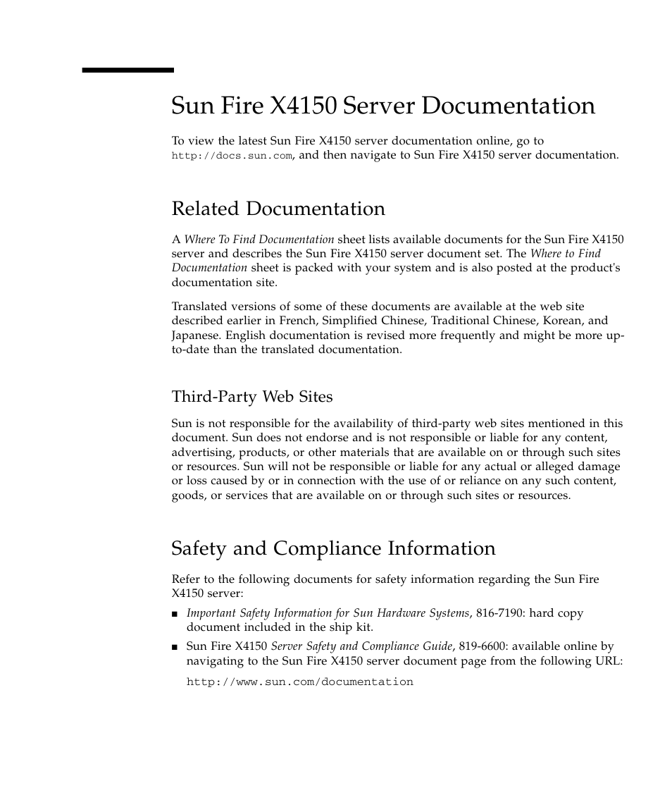 Sun fire x4150 server documentation, Related documentation, Third-party web sites | Safety and compliance information | Sun Microsystems Sun Fire X4150 Server User Manual | Page 9 / 80