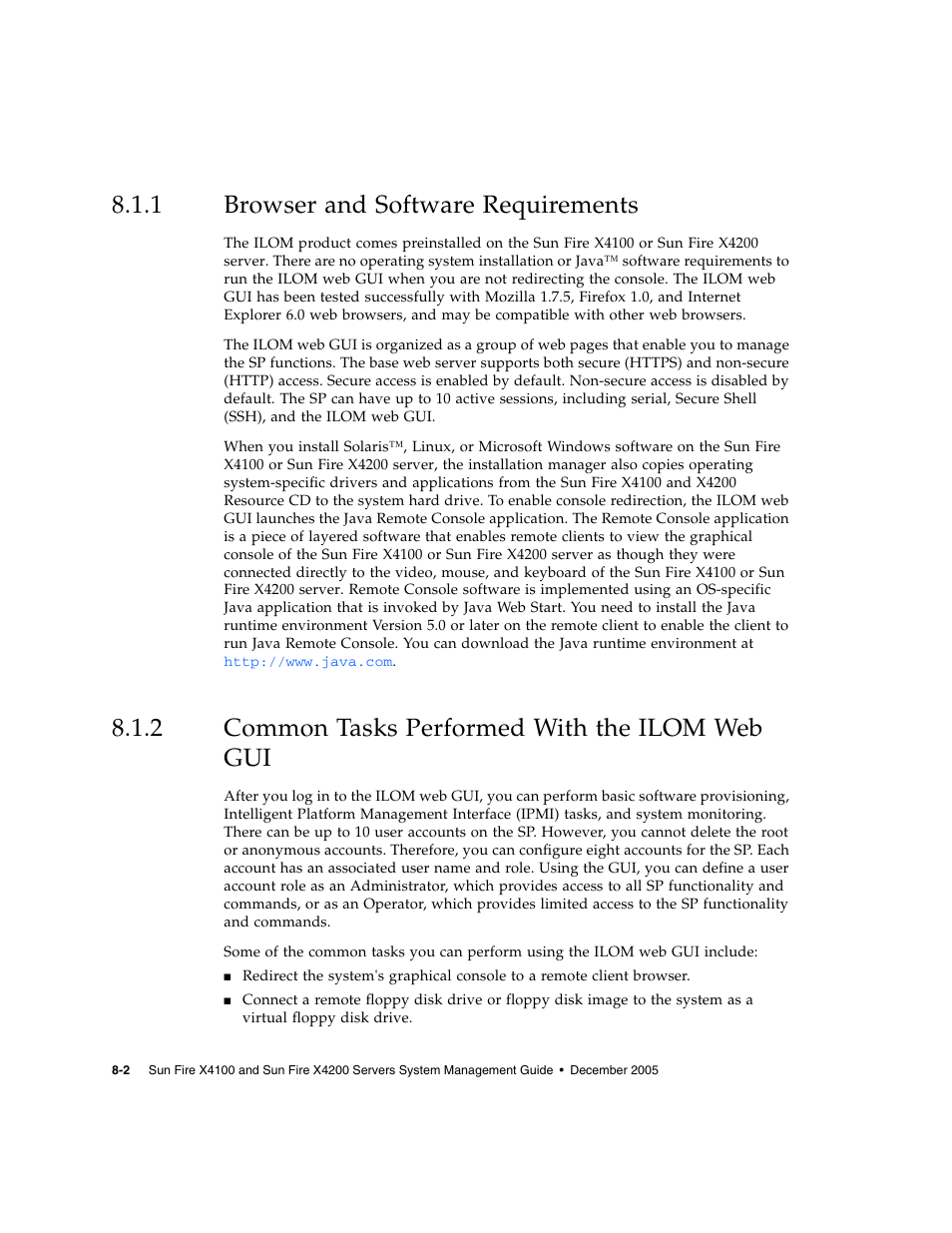 1 browser and software requirements, 2 common tasks performed with the ilom web gui, Browser and software requirements | Common tasks performed with the ilom web gui | Sun Microsystems Sun Fire X4200 User Manual | Page 100 / 196