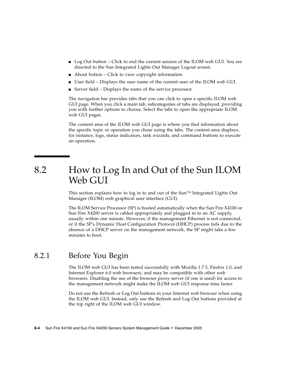 2 how to log in and out of the sun ilom web gui, 1 before you begin, How to log in and out of the sun ilom web gui | Before you begin | Sun Microsystems Sun Fire X4200 User Manual | Page 102 / 196