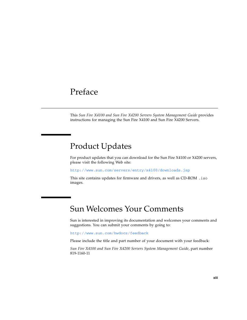 Preface, Xiii, Product updates | Sun welcomes your comments | Sun Microsystems Sun Fire X4200 User Manual | Page 13 / 196