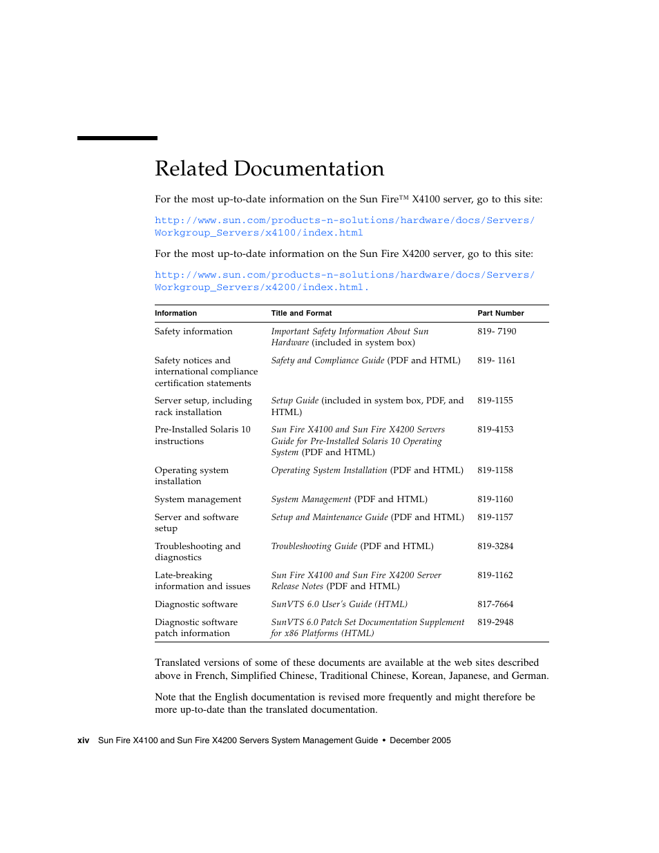 Related documentation | Sun Microsystems Sun Fire X4200 User Manual | Page 14 / 196