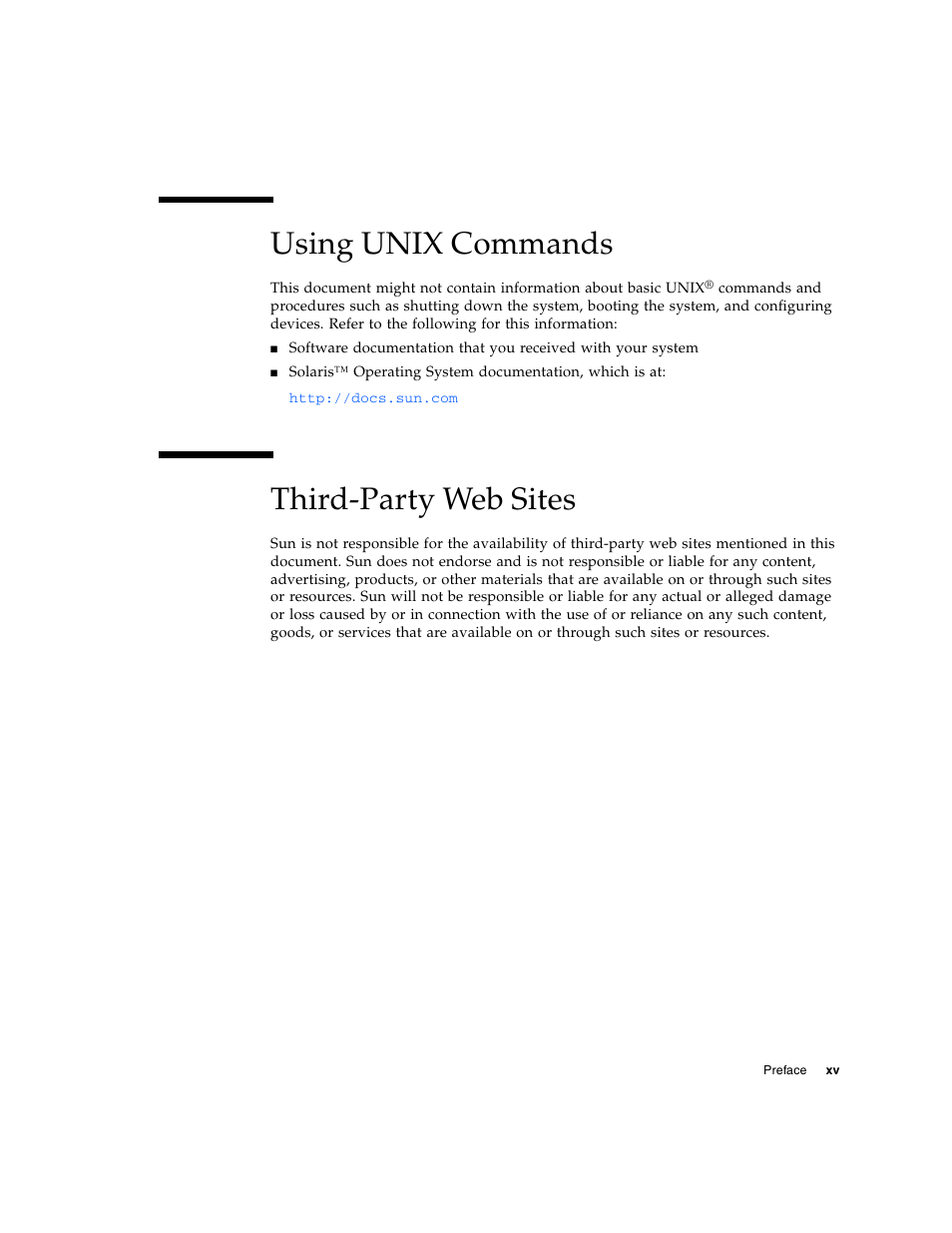 Using unix commands, Third-party web sites | Sun Microsystems Sun Fire X4200 User Manual | Page 15 / 196