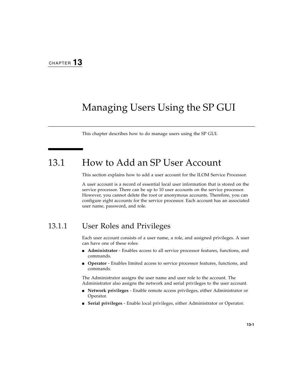 Managing users using the sp gui, 1 how to add an sp user account, 1 user roles and privileges | How to add an sp user account, User roles and privileges | Sun Microsystems Sun Fire X4200 User Manual | Page 161 / 196