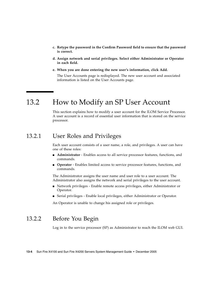 2 how to modify an sp user account, 1 user roles and privileges, 2 before you begin | How to modify an sp user account, User roles and privileges, Before you begin | Sun Microsystems Sun Fire X4200 User Manual | Page 164 / 196