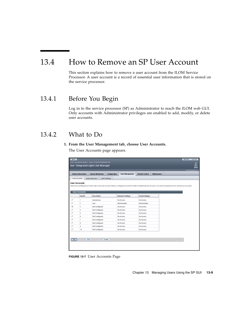 4 how to remove an sp user account, 1 before you begin, 2 what to do | How to remove an sp user account, Before you begin, What to do | Sun Microsystems Sun Fire X4200 User Manual | Page 169 / 196