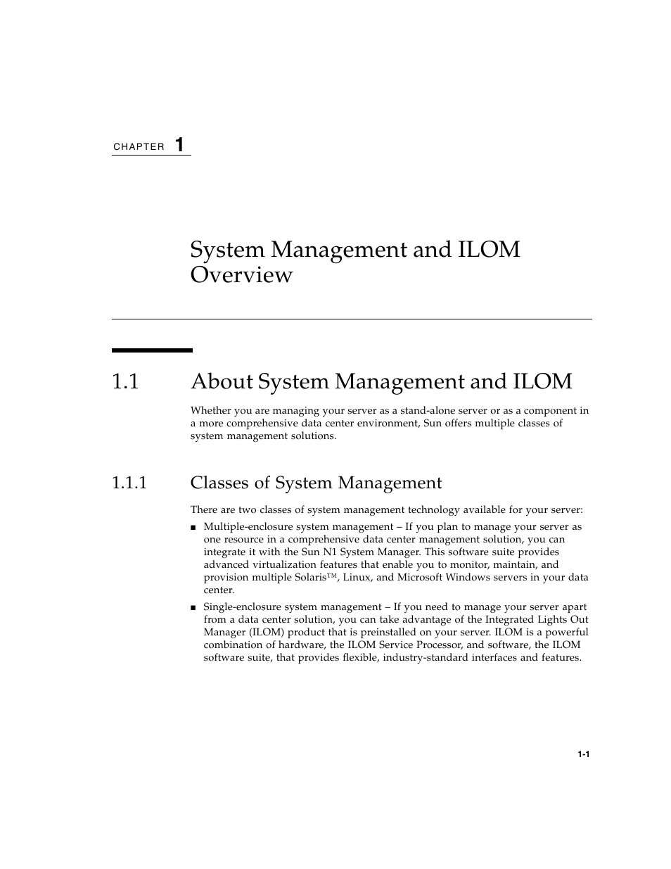 System management and ilom overview, 1 about system management and ilom, 1 classes of system management | About system management and ilom, Classes of system management | Sun Microsystems Sun Fire X4200 User Manual | Page 17 / 196