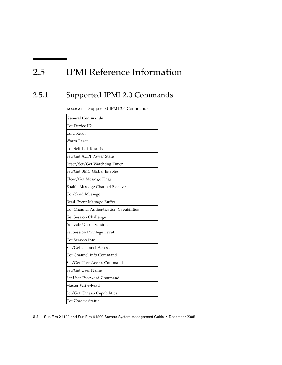 5 ipmi reference information, 1 supported ipmi 2.0 commands, Ipmi reference information | Supported ipmi 2.0 commands | Sun Microsystems Sun Fire X4200 User Manual | Page 28 / 196