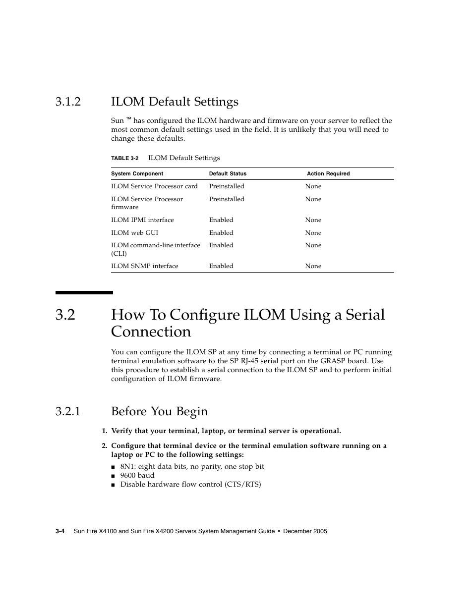 2 ilom default settings, 2 how to configure ilom using a serial connection, 1 before you begin | Ilom default settings, How to configure ilom using a serial connection, Before you begin | Sun Microsystems Sun Fire X4200 User Manual | Page 44 / 196