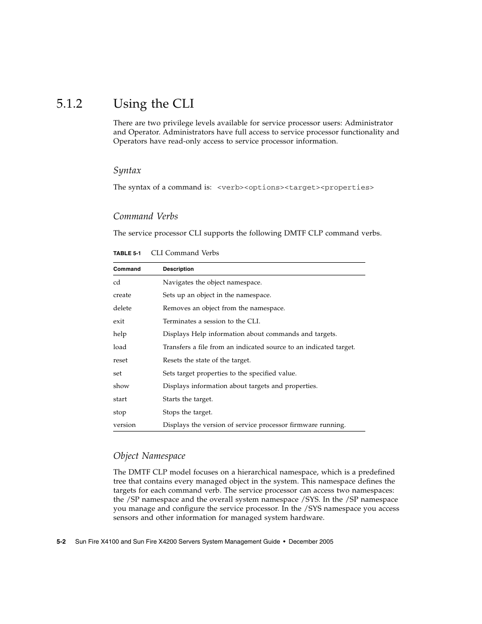 2 using the cli, Using the cli, Syntax | Command verbs, Object namespace | Sun Microsystems Sun Fire X4200 User Manual | Page 68 / 196