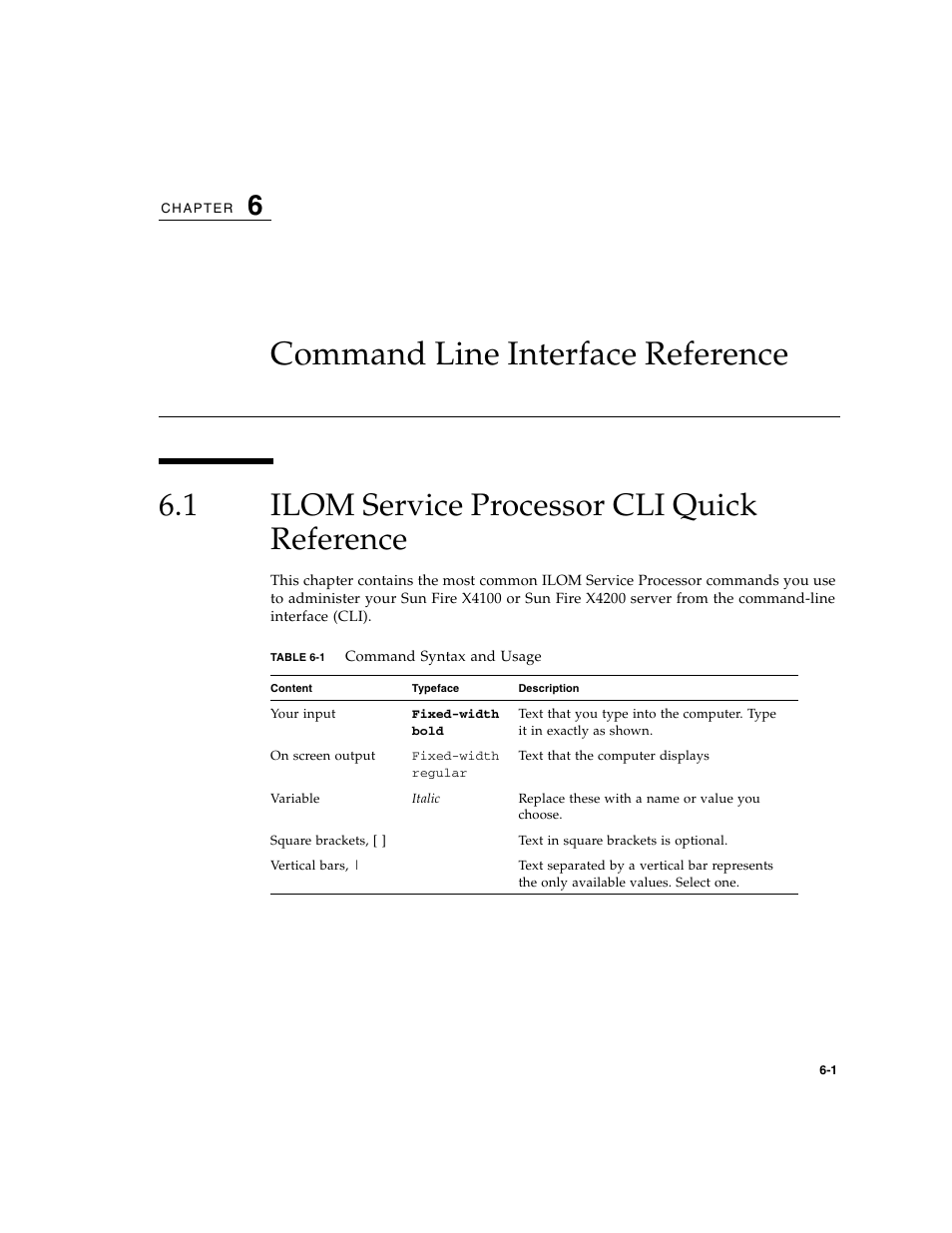 Command line interface reference, 1 ilom service processor cli quick reference, Ilom service processor cli quick reference | Sun Microsystems Sun Fire X4200 User Manual | Page 71 / 196