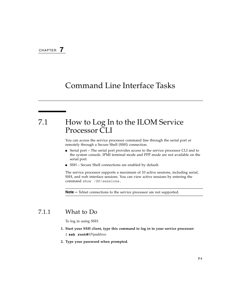 Command line interface tasks, 1 how to log in to the ilom service processor cli, 1 what to do | How to log in to the ilom service processor cli, What to do | Sun Microsystems Sun Fire X4200 User Manual | Page 77 / 196