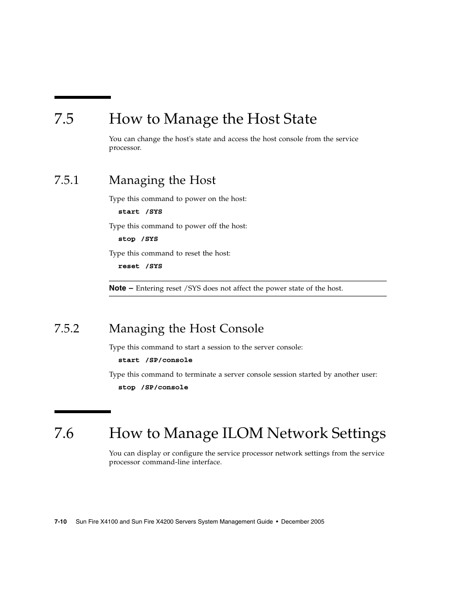 5 how to manage the host state, 1 managing the host, 2 managing the host console | 6 how to manage ilom network settings, How to manage the host state, Managing the host, Managing the host console, How to manage ilom network settings | Sun Microsystems Sun Fire X4200 User Manual | Page 86 / 196