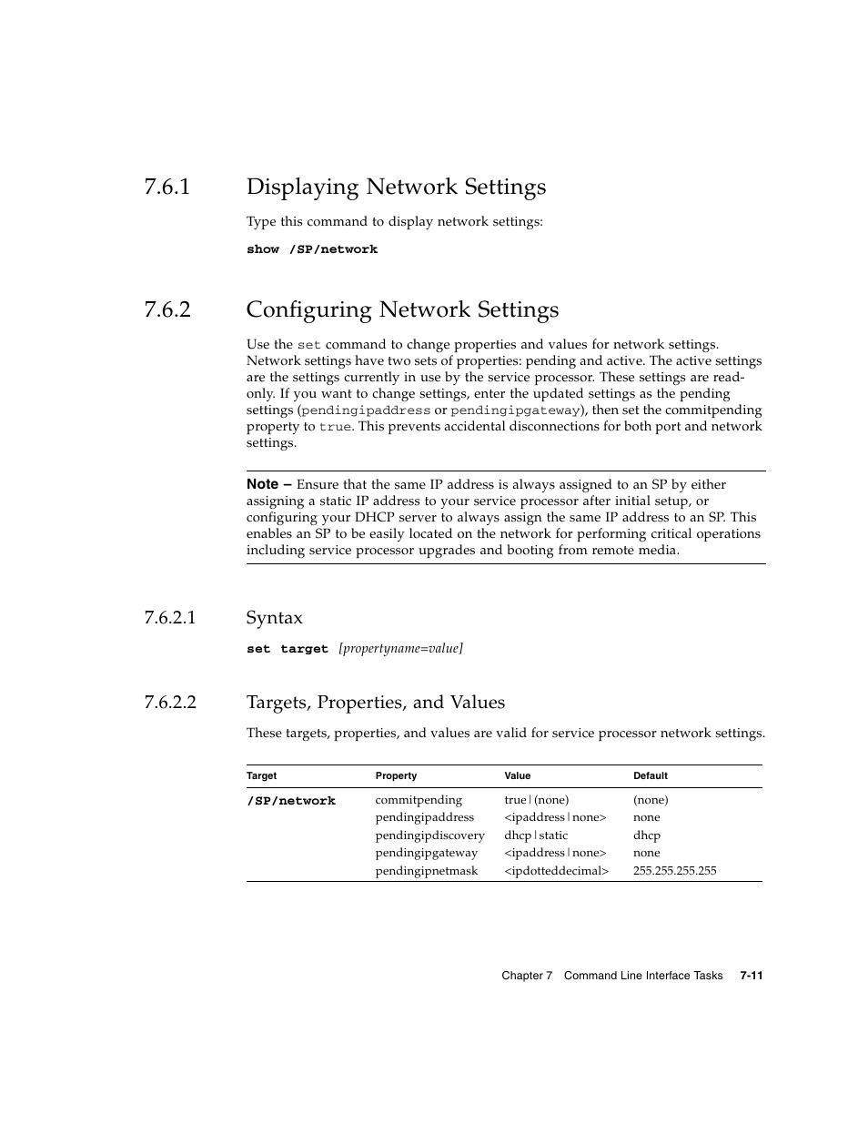 1 displaying network settings, 2 configuring network settings, 1 syntax | 2 targets, properties, and values, Displaying network settings, Configuring network settings, Syntax, Targets, properties, and values | Sun Microsystems Sun Fire X4200 User Manual | Page 87 / 196