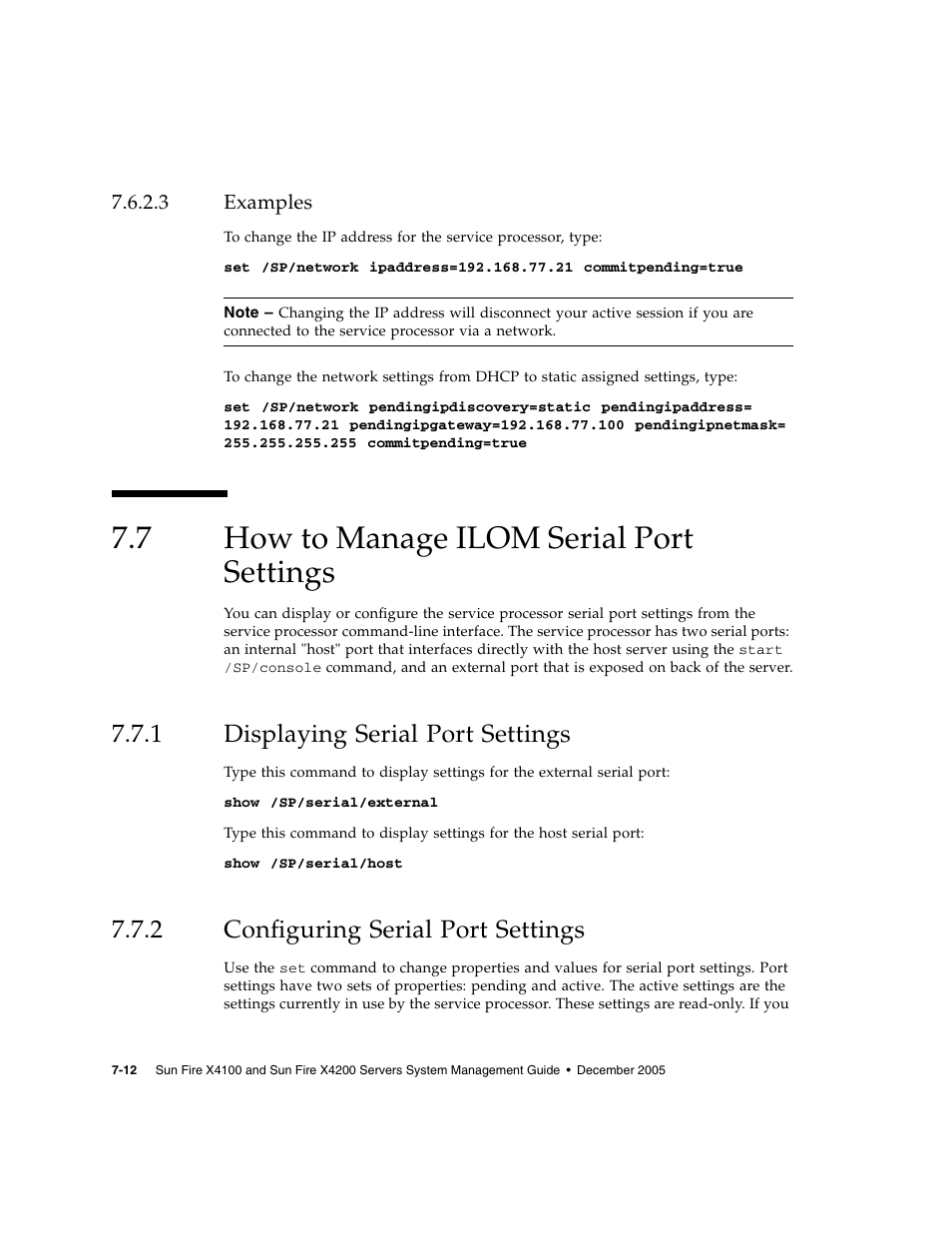 3 examples, 7 how to manage ilom serial port settings, 1 displaying serial port settings | 2 configuring serial port settings, Examples, How to manage ilom serial port settings, Displaying serial port settings, Configuring serial port settings | Sun Microsystems Sun Fire X4200 User Manual | Page 88 / 196