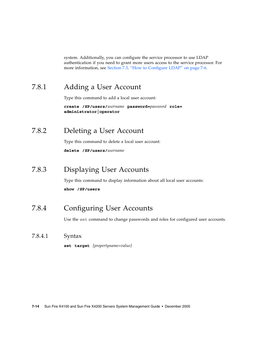 1 adding a user account, 2 deleting a user account, 3 displaying user accounts | 4 configuring user accounts, 1 syntax, Adding a user account, Deleting a user account, Displaying user accounts, Configuring user accounts, Syntax | Sun Microsystems Sun Fire X4200 User Manual | Page 90 / 196