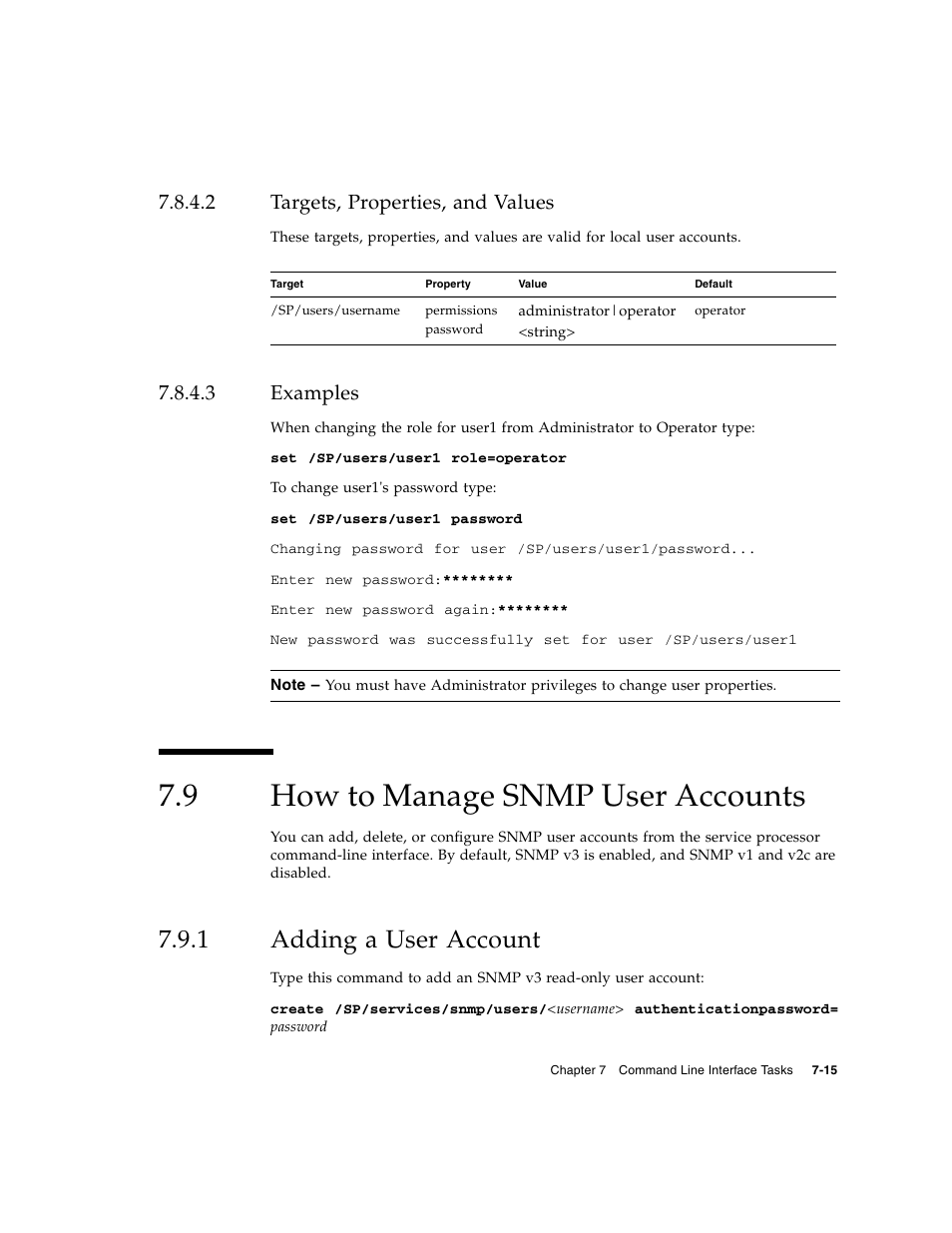 2 targets, properties, and values, 3 examples, 9 how to manage snmp user accounts | 1 adding a user account, Targets, properties, and values, Examples, How to manage snmp user accounts, Adding a user account | Sun Microsystems Sun Fire X4200 User Manual | Page 91 / 196