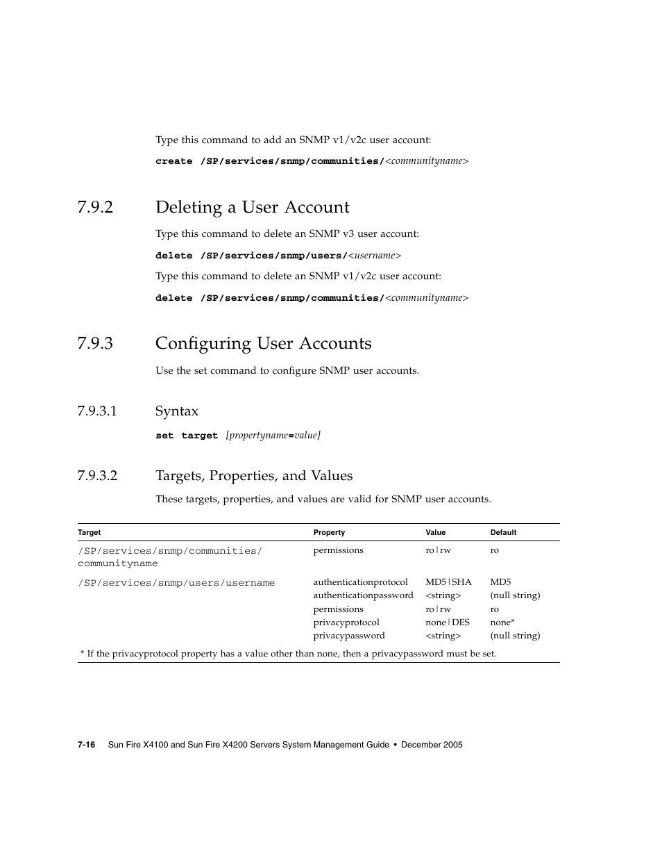 2 deleting a user account, 3 configuring user accounts, 1 syntax | 2 targets, properties, and values, Deleting a user account, Configuring user accounts, Syntax, Targets, properties, and values | Sun Microsystems Sun Fire X4200 User Manual | Page 92 / 196