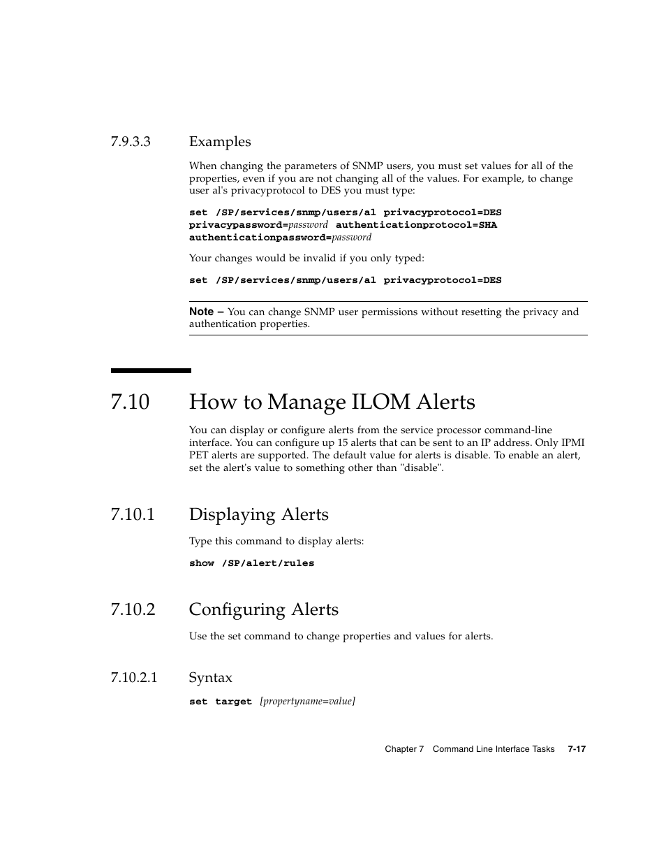 3 examples, 10 how to manage ilom alerts, 1 displaying alerts | 2 configuring alerts, 1 syntax, Examples, How to manage ilom alerts, Displaying alerts, Configuring alerts, Syntax | Sun Microsystems Sun Fire X4200 User Manual | Page 93 / 196