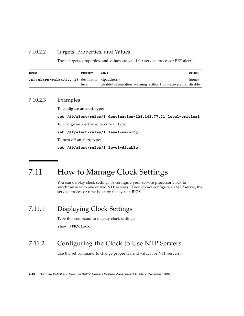 2 targets, properties, and values, 3 examples, 11 how to manage clock settings | 1 displaying clock settings, 2 configuring the clock to use ntp servers, Targets, properties, and values, Examples, How to manage clock settings, Displaying clock settings, Configuring the clock to use ntp servers | Sun Microsystems Sun Fire X4200 User Manual | Page 94 / 196