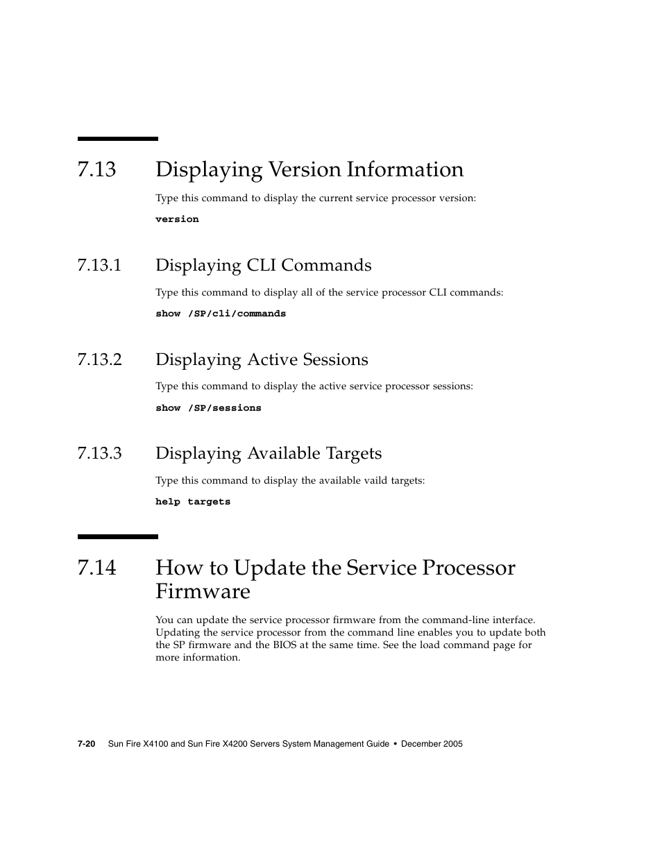 13 displaying version information, 1 displaying cli commands, 2 displaying active sessions | 3 displaying available targets, 14 how to update the service processor firmware, Displaying version information, Displaying cli commands, Displaying active sessions, Displaying available targets, How to update the service processor firmware | Sun Microsystems Sun Fire X4200 User Manual | Page 96 / 196