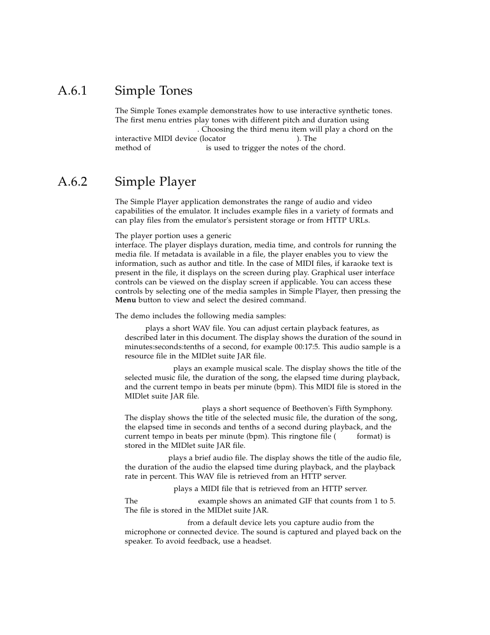 A.6.1 simple tones, A.6.2 simple player, A.6.1 | Simple tones, A.6.2, Simple player | Sun Microsystems J2ME User Manual | Page 100 / 134