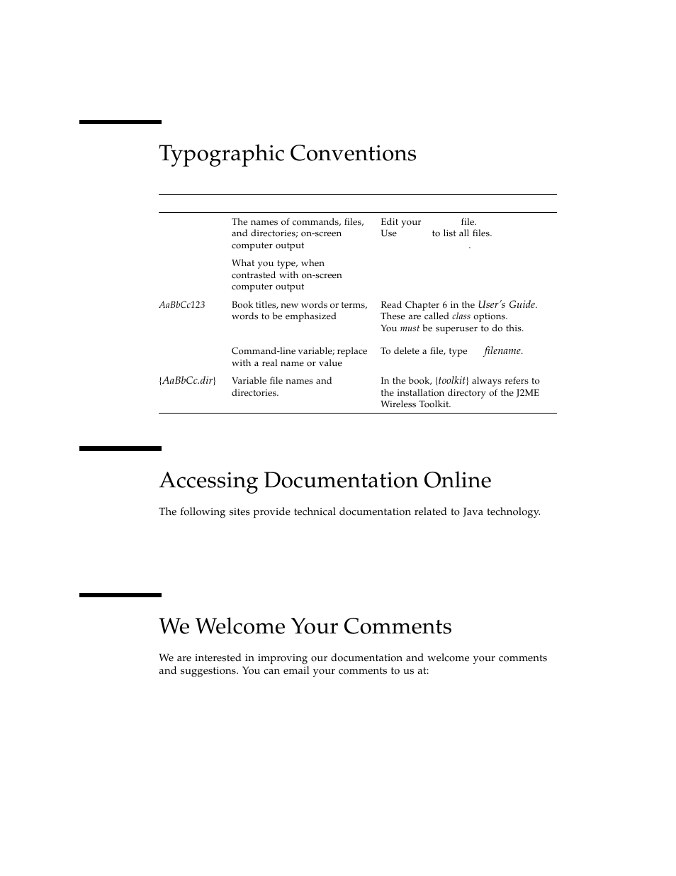 Typographic conventions, Accessing documentation online, We welcome your comments | Sun Microsystems J2ME User Manual | Page 12 / 134
