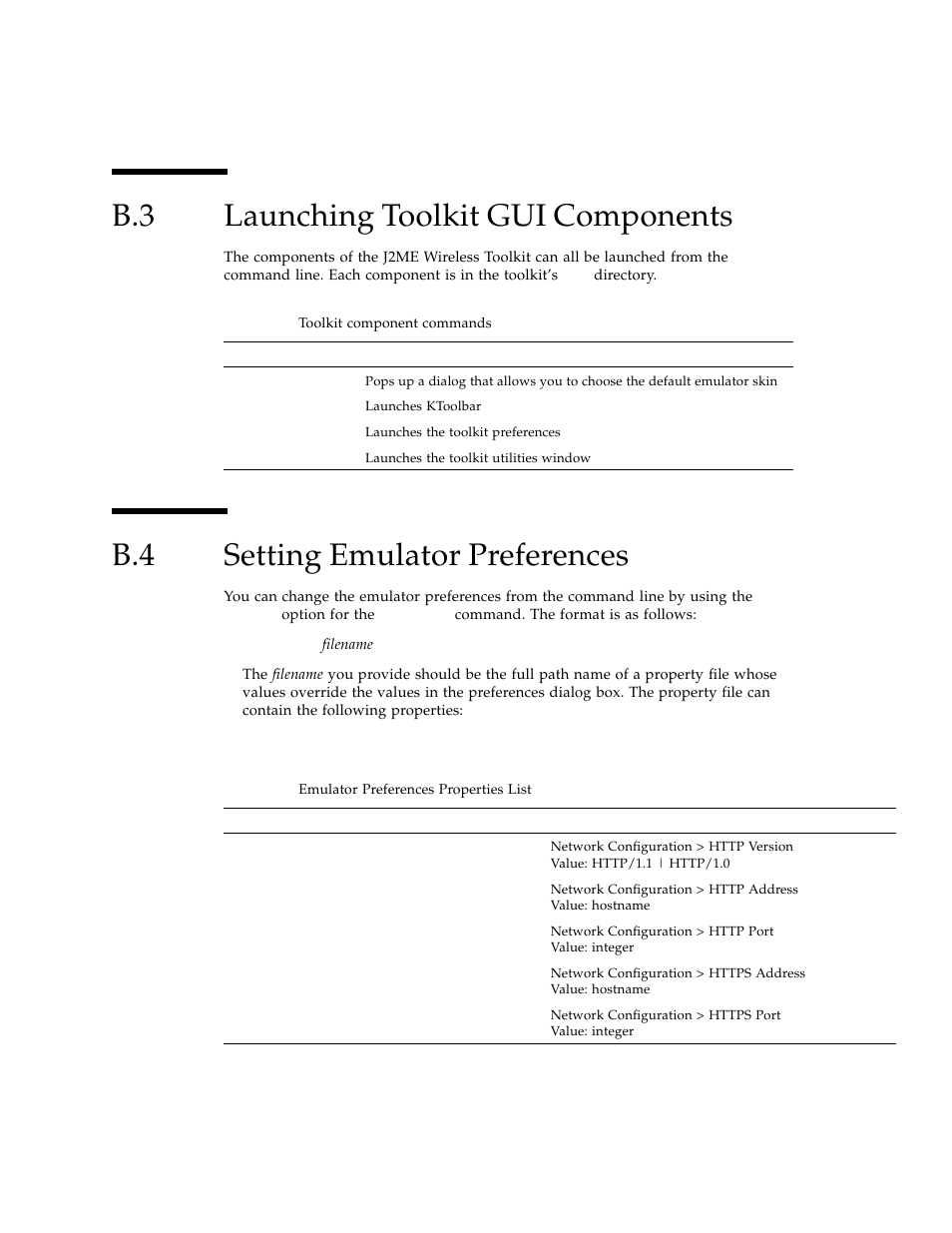 B.3 launching toolkit gui components, B.4 setting emulator preferences, Launching toolkit gui components | Setting emulator preferences | Sun Microsystems J2ME User Manual | Page 120 / 134