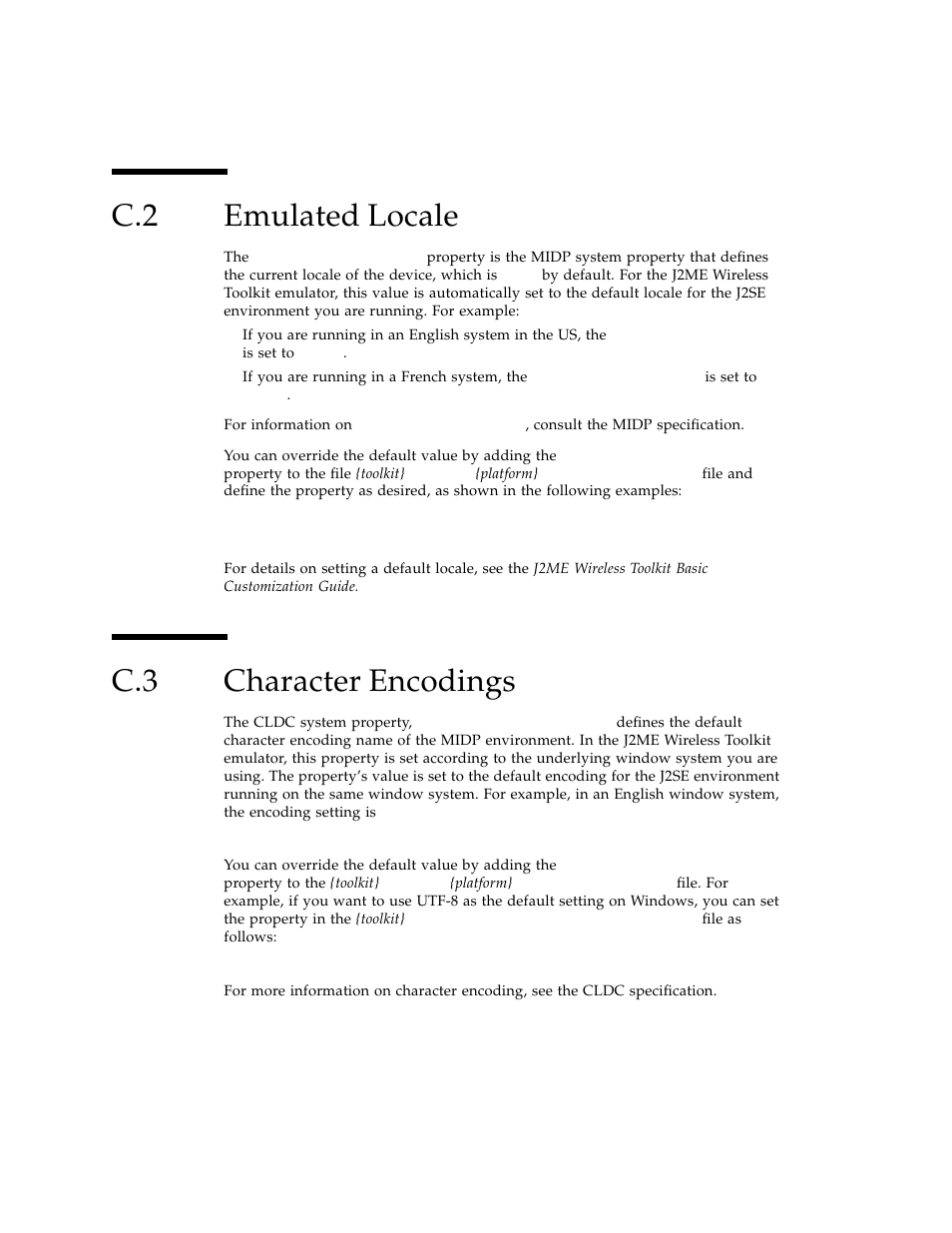 C.2 emulated locale, C.3 character encodings, Emulated locale | Character encodings | Sun Microsystems J2ME User Manual | Page 128 / 134