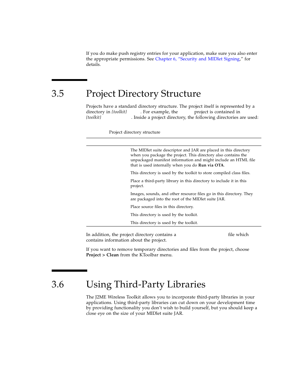 5 project directory structure, 6 using third-party libraries, Project directory structure | Using third-party libraries | Sun Microsystems J2ME User Manual | Page 37 / 134