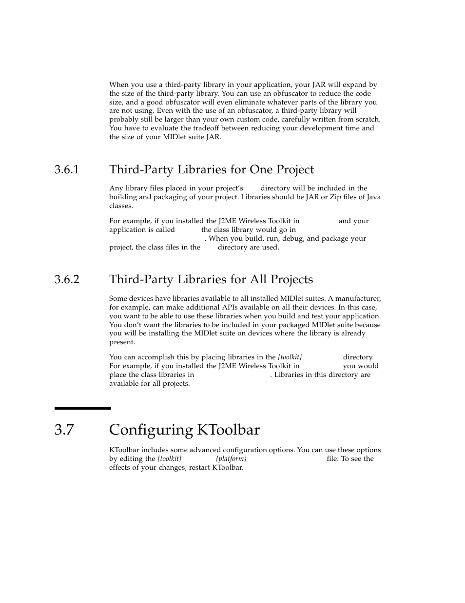 1 third-party libraries for one project, 2 third-party libraries for all projects, 7 configuring ktoolbar | Third-party libraries for one project, Third-party libraries for all projects, Configuring ktoolbar | Sun Microsystems J2ME User Manual | Page 38 / 134