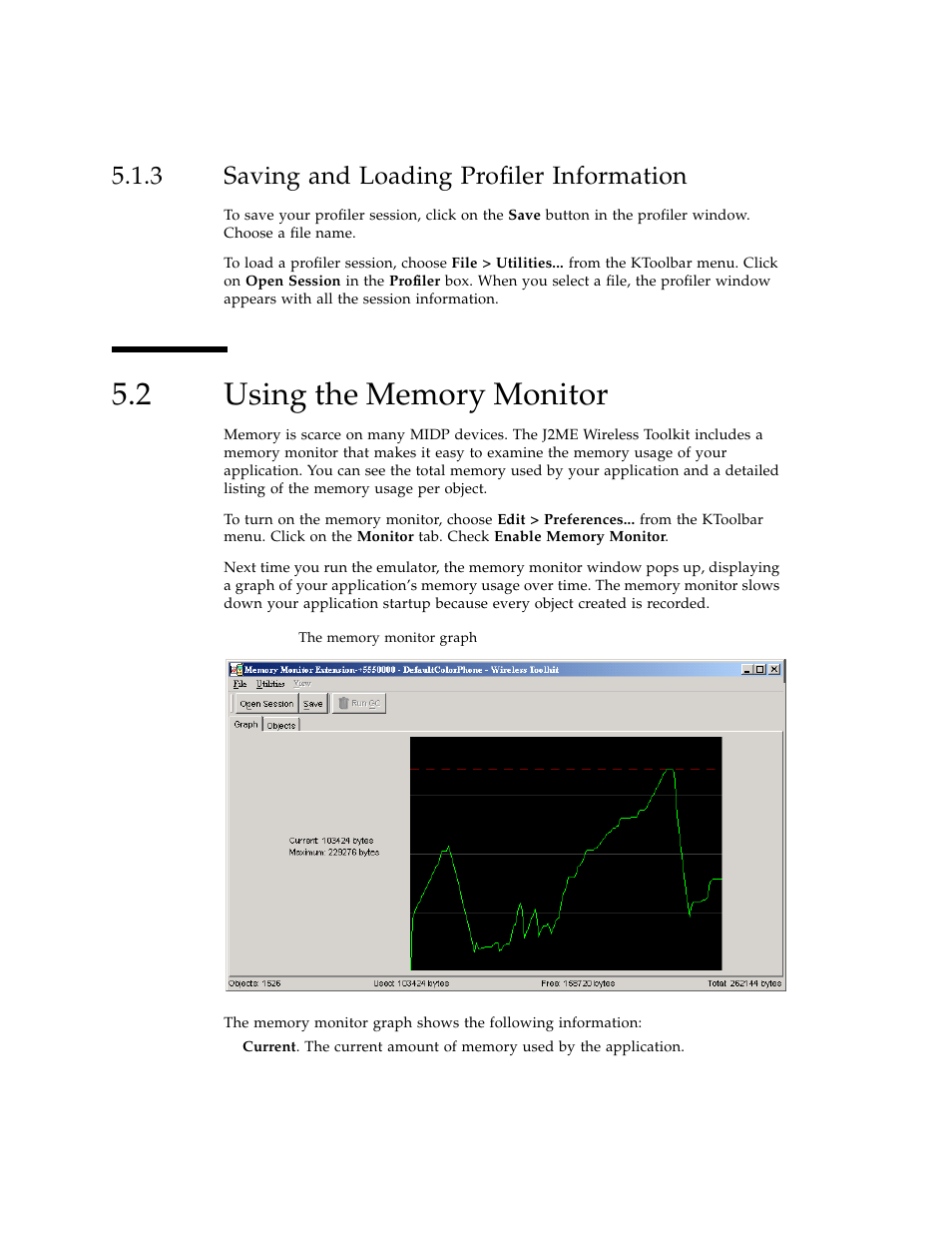 3 saving and loading profiler information, 2 using the memory monitor, Saving and loading profiler information | Using the memory monitor | Sun Microsystems J2ME User Manual | Page 54 / 134