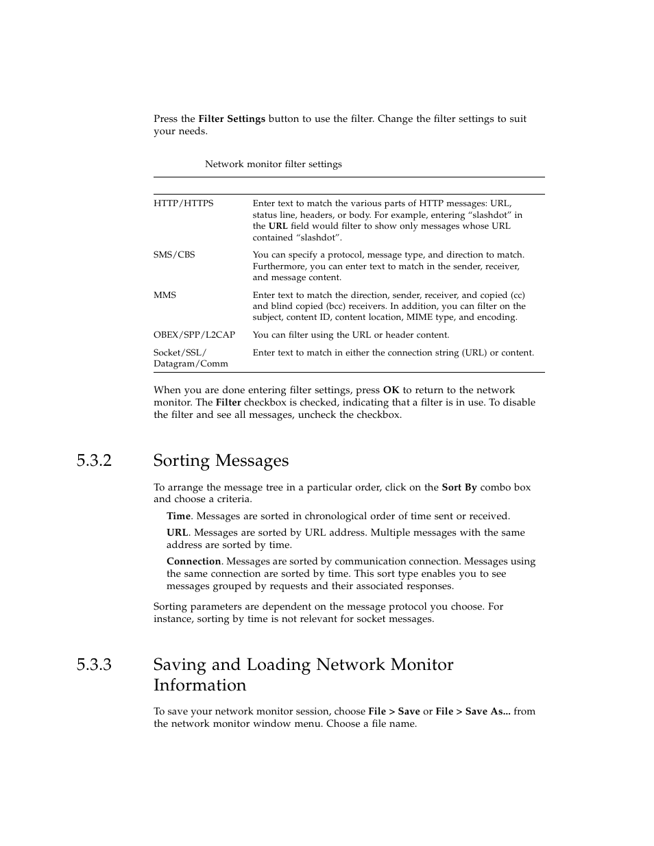 2 sorting messages, 3 saving and loading network monitor information, Sorting messages | Saving and loading network monitor information | Sun Microsystems J2ME User Manual | Page 58 / 134