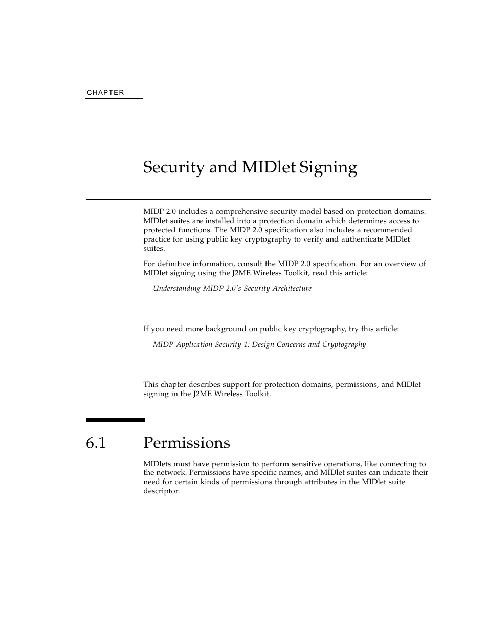 Security and midlet signing, 1 permissions, Permissions | Chapter 6 | Sun Microsystems J2ME User Manual | Page 61 / 134