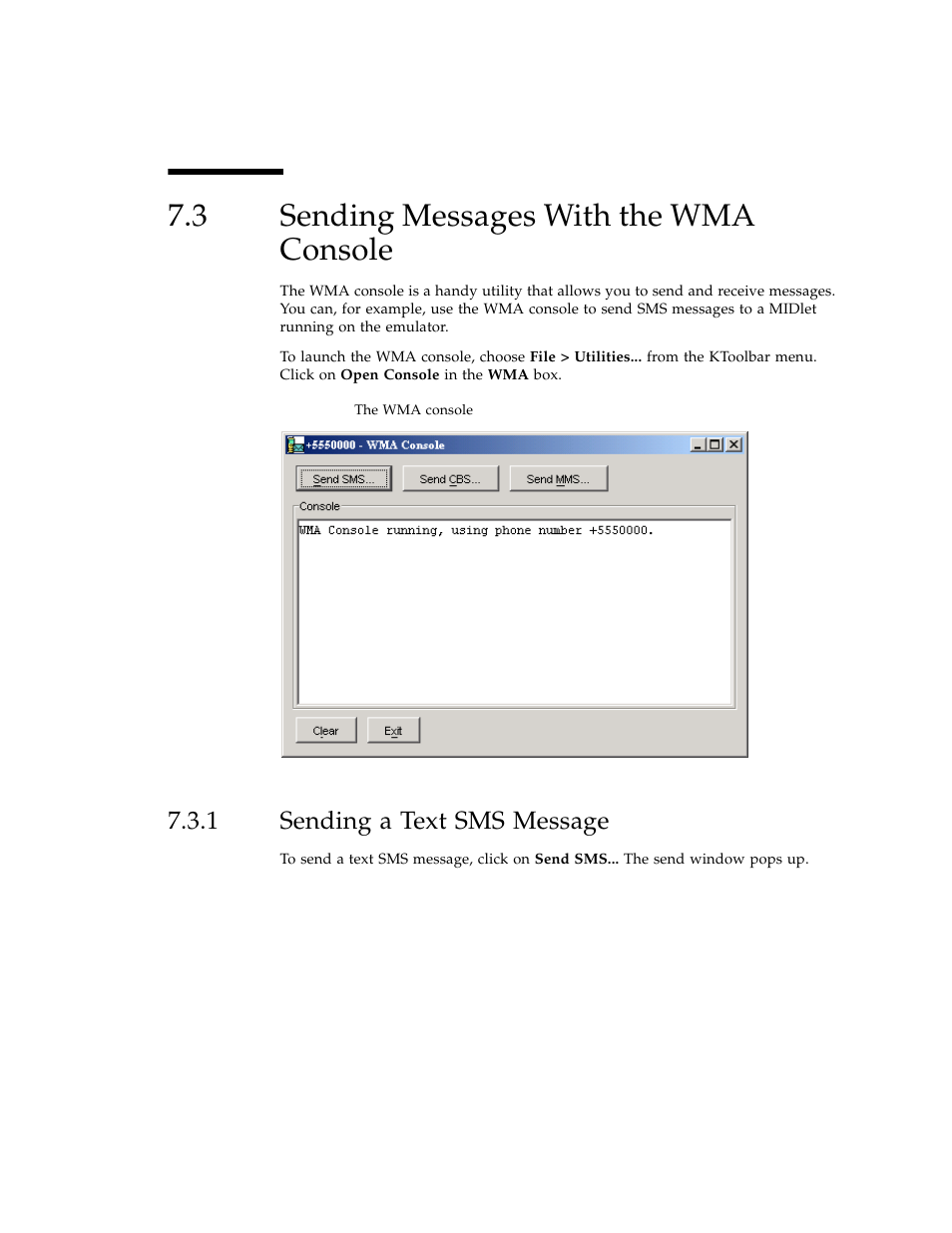 3 sending messages with the wma console, 1 sending a text sms message, Sending messages with the wma console | Sending a text sms message | Sun Microsystems J2ME User Manual | Page 71 / 134