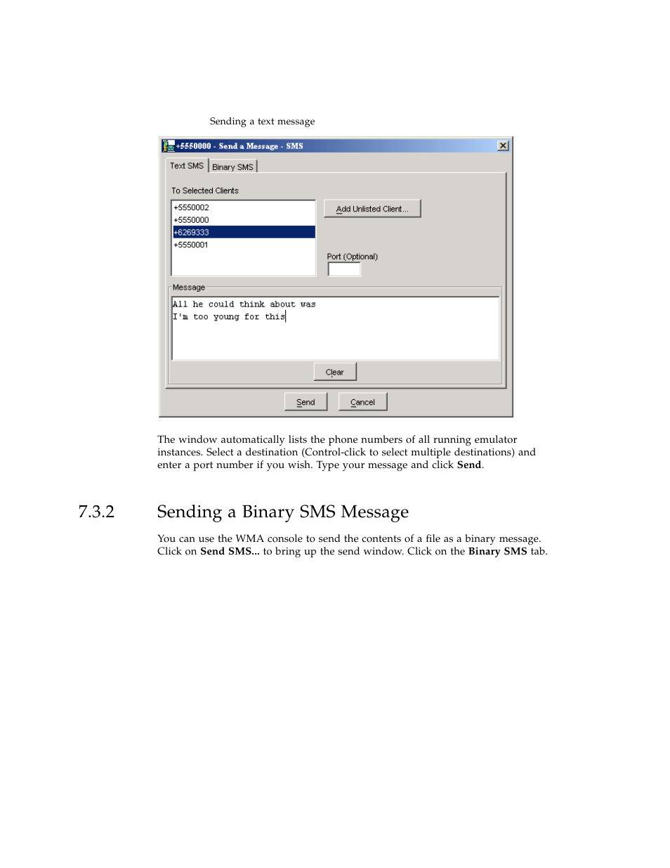 2 sending a binary sms message, Sending a binary sms message | Sun Microsystems J2ME User Manual | Page 72 / 134