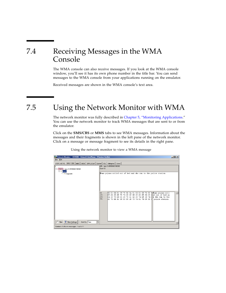 4 receiving messages in the wma console, 5 using the network monitor with wma, Receiving messages in the wma console | Using the network monitor with wma | Sun Microsystems J2ME User Manual | Page 76 / 134