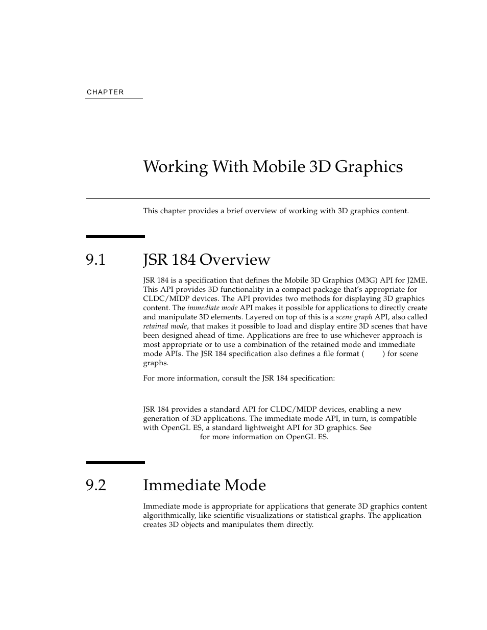 Working with mobile 3d graphics, 1 jsr 184 overview, 2 immediate mode | Jsr 184 overview, Immediate mode, Chapter 9 | Sun Microsystems J2ME User Manual | Page 79 / 134